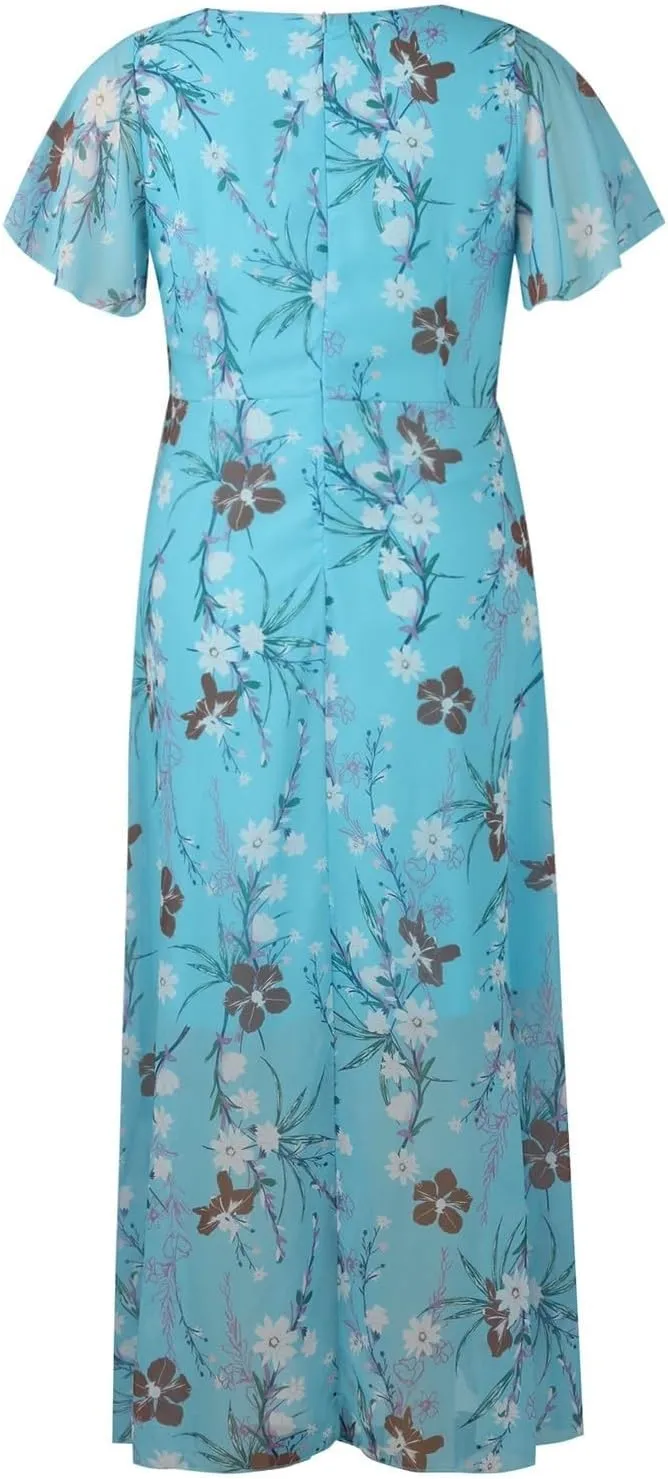 Floral Maxi Dress for Women Summer Flowy V Neck Boho Beach Dresses Short Sleeve Wrap Casual Chiffon Swing Sundresses