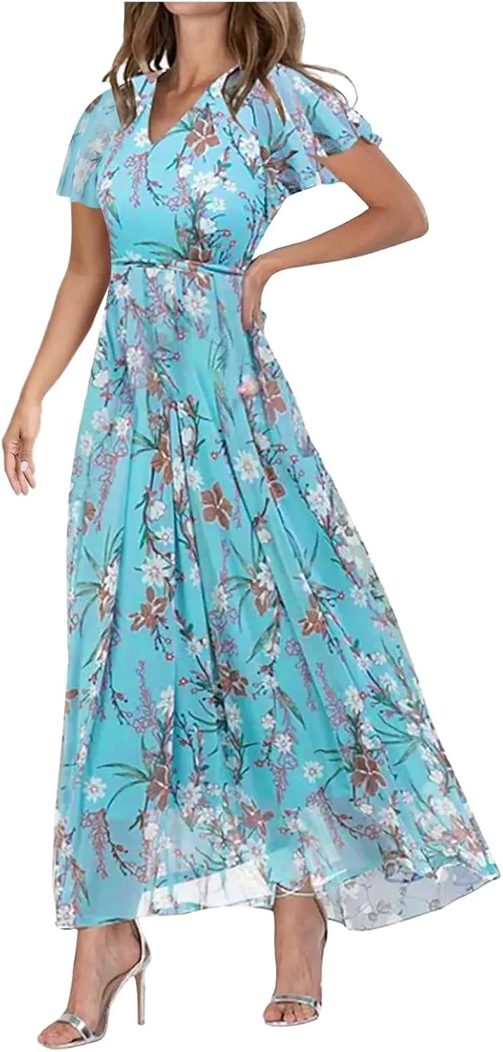 Floral Maxi Dress for Women Summer Flowy V Neck Boho Beach Dresses Short Sleeve Wrap Casual Chiffon Swing Sundresses