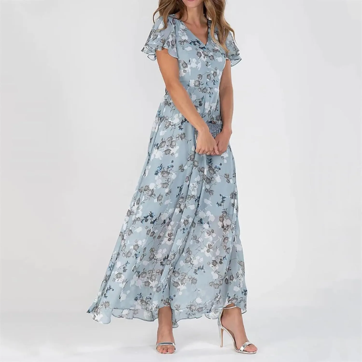 Floral Maxi Dress for Women Summer Flowy V Neck Boho Beach Dresses Short Sleeve Wrap Casual Chiffon Swing Sundresses
