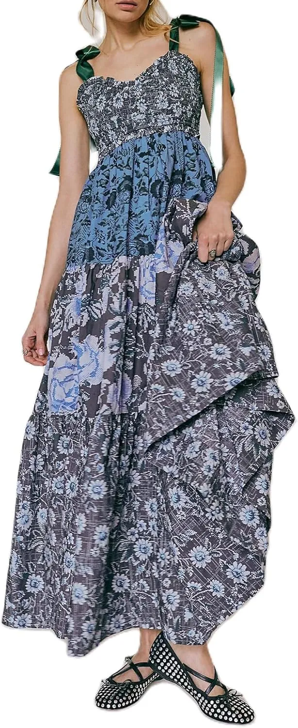 Floral Maxi Dresses for Women Sleeveless Tie Shoulder Smocked Flowy Boho Long Dress Y2k Summer Vacation Sundress