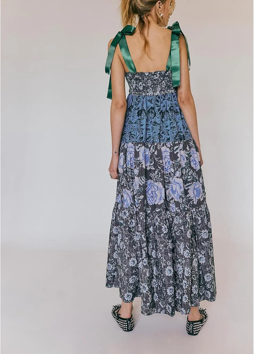 Floral Maxi Dresses for Women Sleeveless Tie Shoulder Smocked Flowy Boho Long Dress Y2k Summer Vacation Sundress
