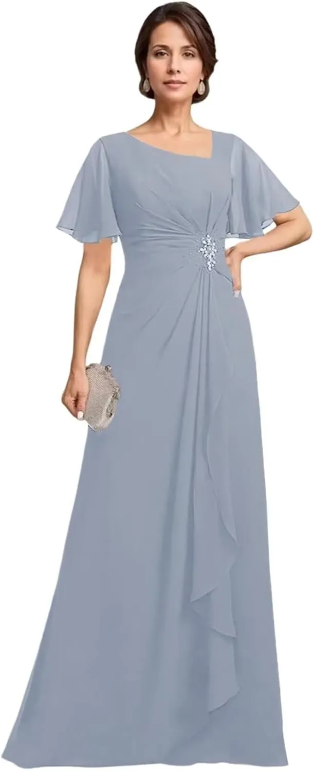 Flutter Sleeve Beading Mother of The Bride Dresses Long Ruffle Chiffon Formal Evening Gowns with Pockets 2025