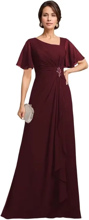 Flutter Sleeve Beading Mother of The Bride Dresses Long Ruffle Chiffon Formal Evening Gowns with Pockets 2025