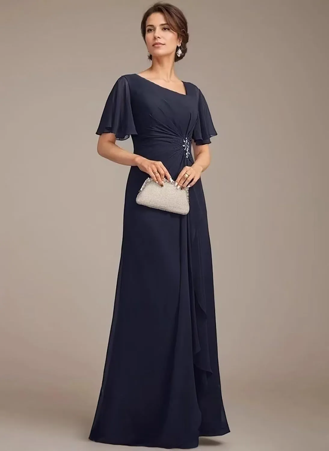 Flutter Sleeve Beading Mother of The Bride Dresses Long Ruffle Chiffon Formal Evening Gowns with Pockets 2025