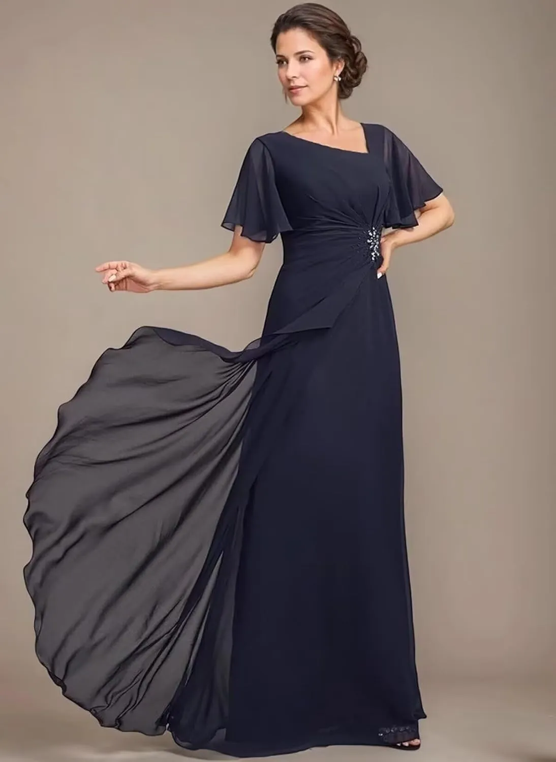 Flutter Sleeve Beading Mother of The Bride Dresses Long Ruffle Chiffon Formal Evening Gowns with Pockets 2025
