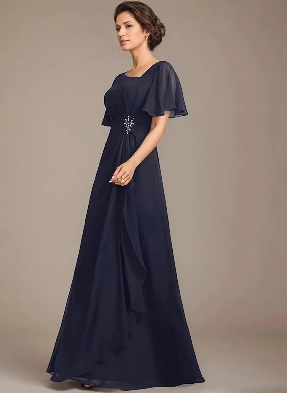 Flutter Sleeve Beading Mother of The Bride Dresses Long Ruffle Chiffon Formal Evening Gowns with Pockets 2025