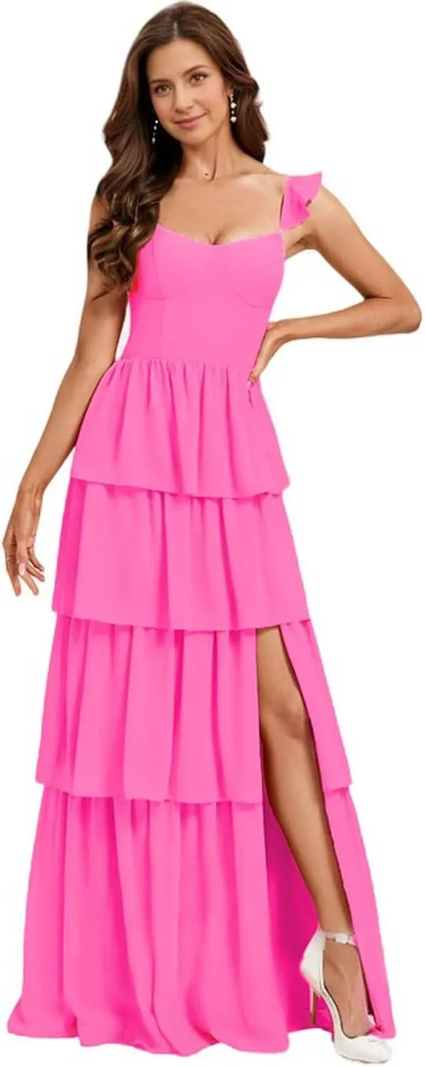 Flutter Sleeves Tiered Bridesmaid Dresses Long Chiffon A Line Pleated Maid of Honor Dress with Split