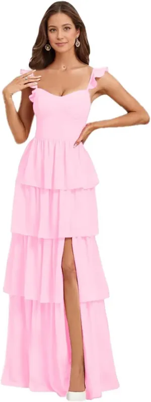 Flutter Sleeves Tiered Bridesmaid Dresses Long Chiffon A Line Pleated Maid of Honor Dress with Split
