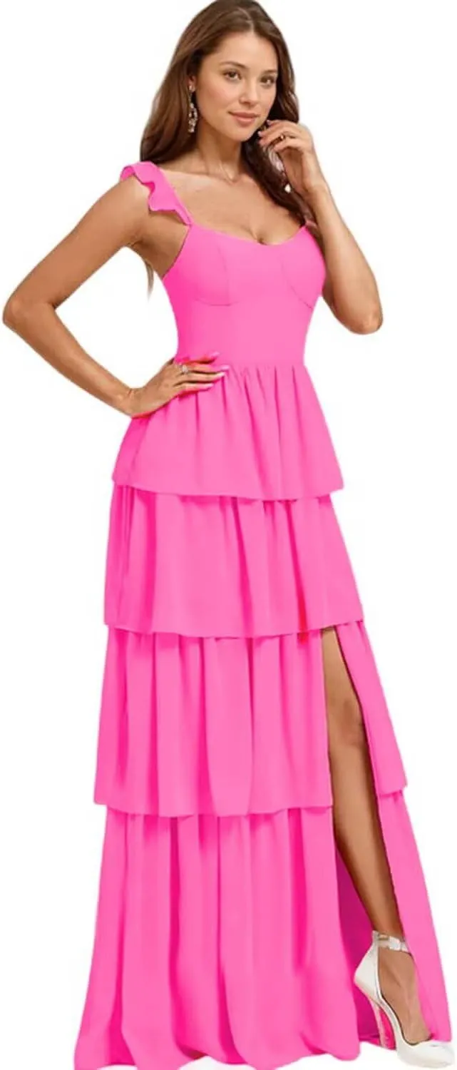 Flutter Sleeves Tiered Bridesmaid Dresses Long Chiffon A Line Pleated Maid of Honor Dress with Split