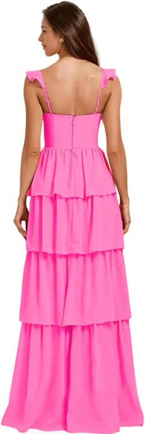 Flutter Sleeves Tiered Bridesmaid Dresses Long Chiffon A Line Pleated Maid of Honor Dress with Split