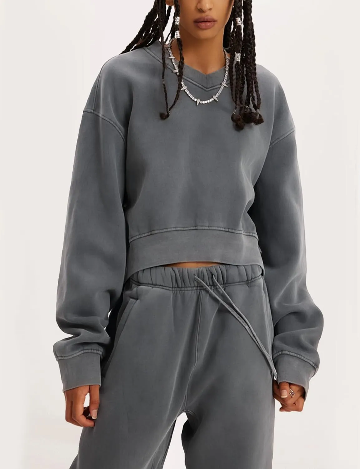 Flygo Women Sweat Set Sweatsuit Fleece 2 Piece Joggers Tracksuit Outfits Crop Sweatshirt Sweatpants Sets