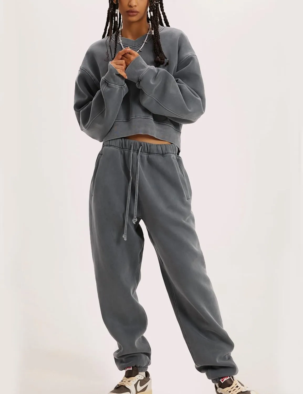 Flygo Women Sweat Set Sweatsuit Fleece 2 Piece Joggers Tracksuit Outfits Crop Sweatshirt Sweatpants Sets