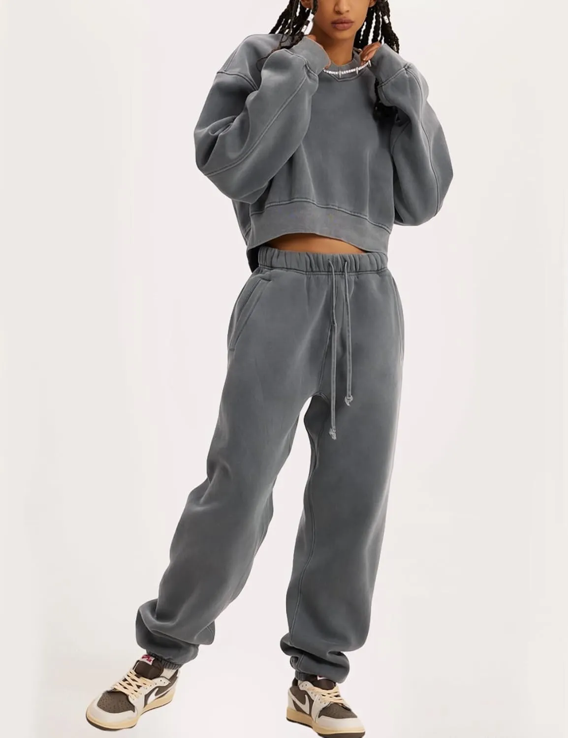 Flygo Women Sweat Set Sweatsuit Fleece 2 Piece Joggers Tracksuit Outfits Crop Sweatshirt Sweatpants Sets