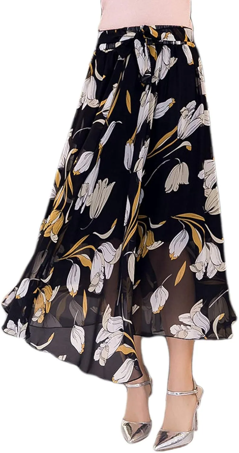 Flygo Women's High Waist Pleated Chiffon Boho Floral Flowy Midi Skirt