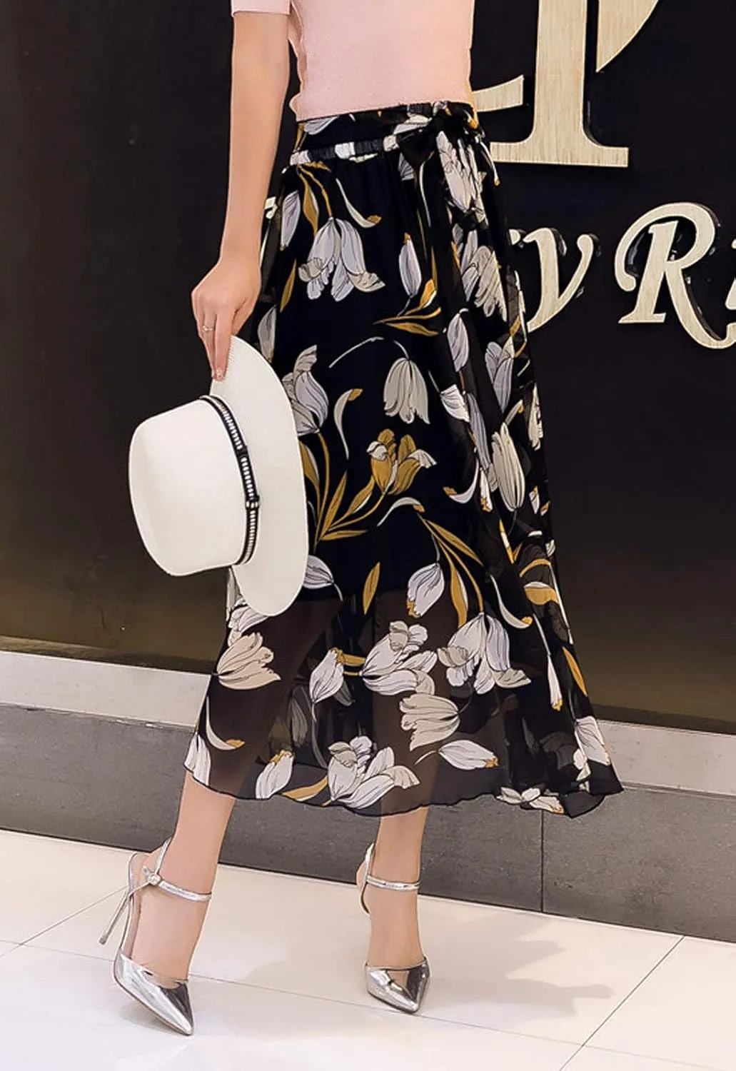 Flygo Women's High Waist Pleated Chiffon Boho Floral Flowy Midi Skirt