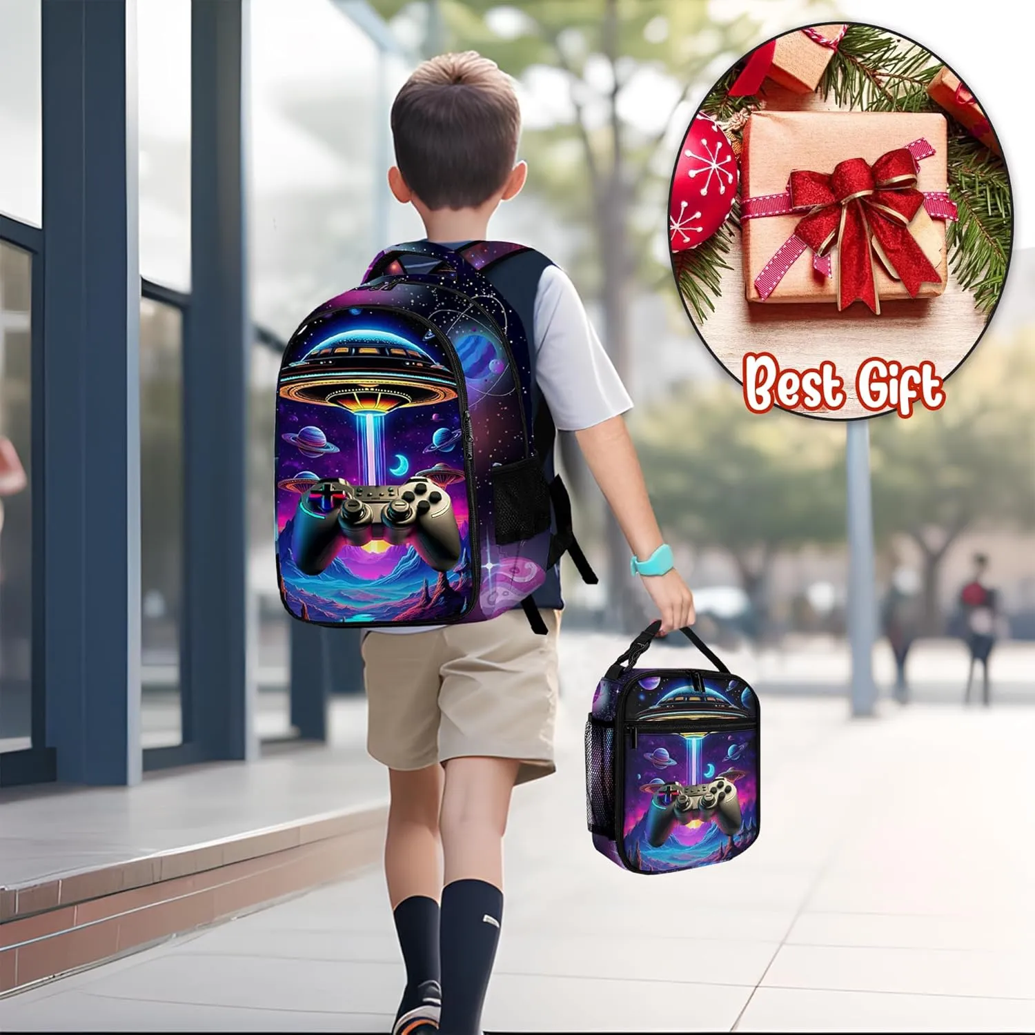 Game Backpack Set for Boys, Gaming Backpack 3 Pack, Boy Backpack Lunch Box, and Pencil Bag for Kids Teens Elementary Middle School Large Capacity Game School Bag 17" Travel Back Pack