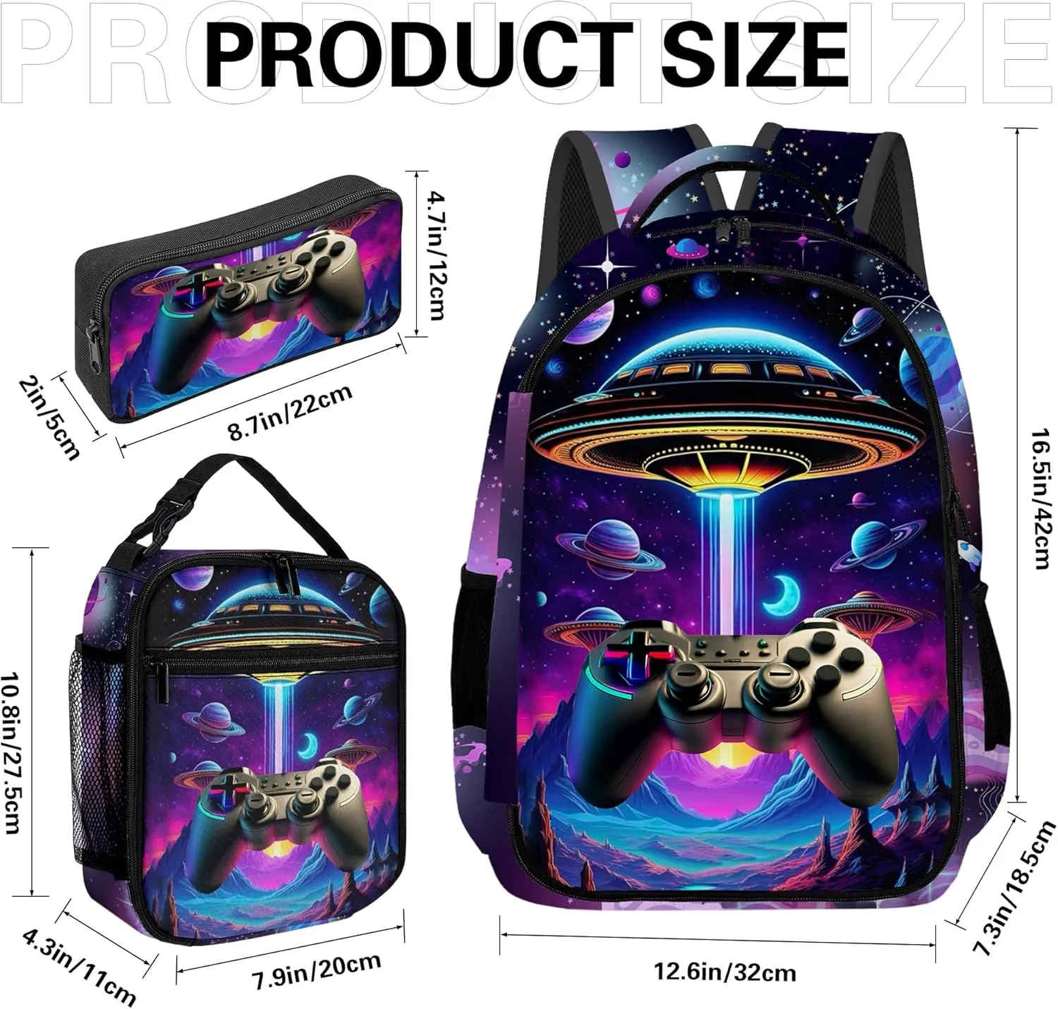 Game Backpack Set for Boys, Gaming Backpack 3 Pack, Boy Backpack Lunch Box, and Pencil Bag for Kids Teens Elementary Middle School Large Capacity Game School Bag 17" Travel Back Pack