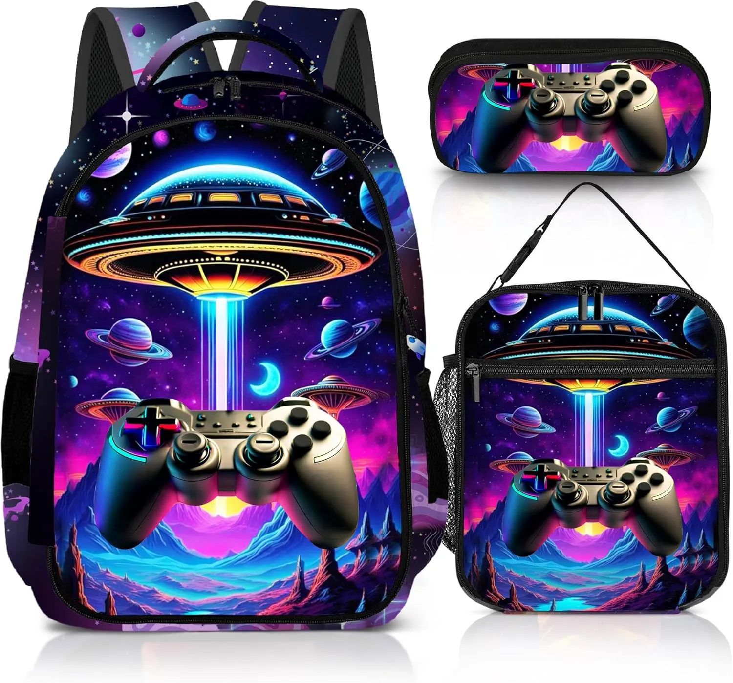 Game Backpack Set for Boys, Gaming Backpack 3 Pack, Boy Backpack Lunch Box, and Pencil Bag for Kids Teens Elementary Middle School Large Capacity Game School Bag 17" Travel Back Pack