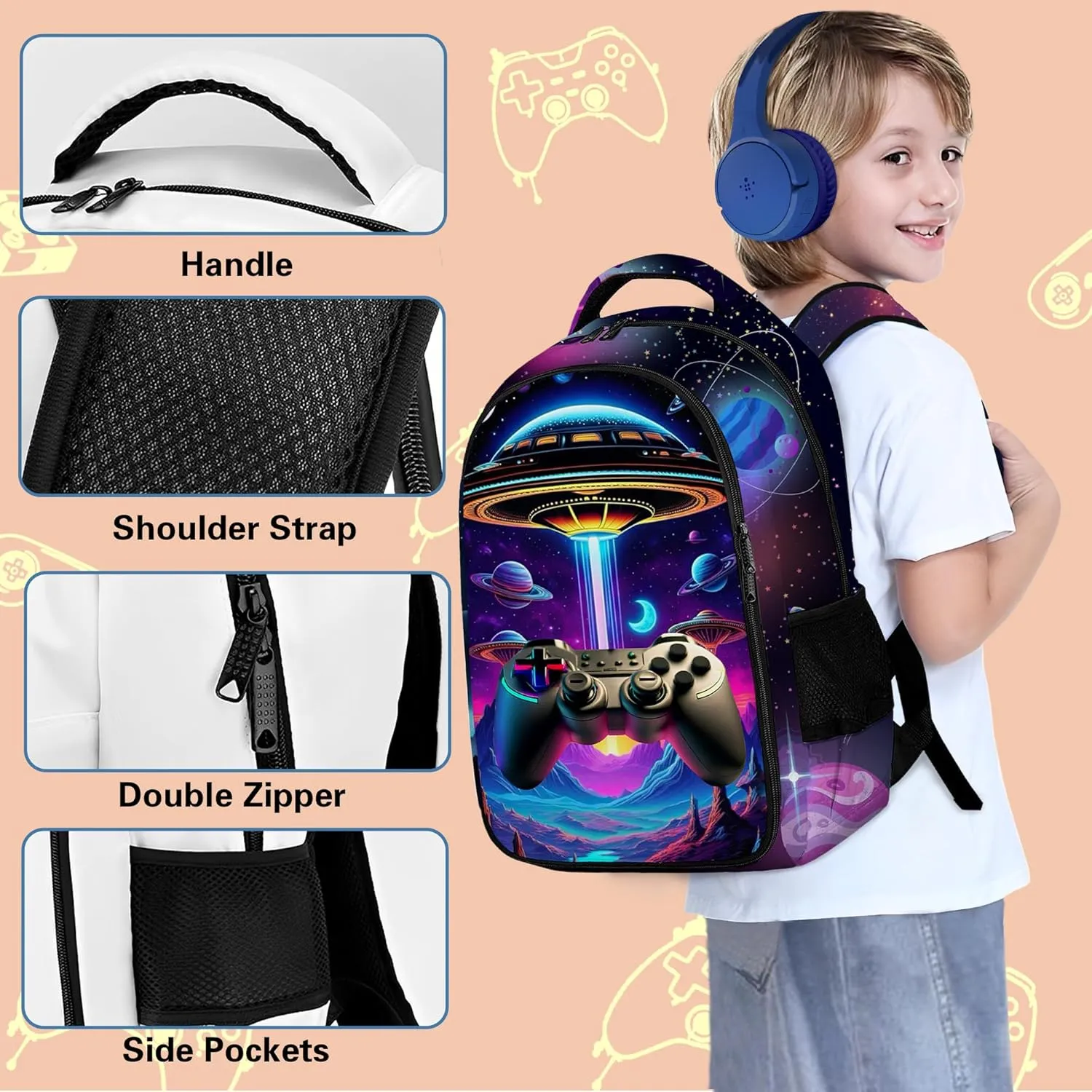 Game Backpack Set for Boys, Gaming Backpack 3 Pack, Boy Backpack Lunch Box, and Pencil Bag for Kids Teens Elementary Middle School Large Capacity Game School Bag 17" Travel Back Pack