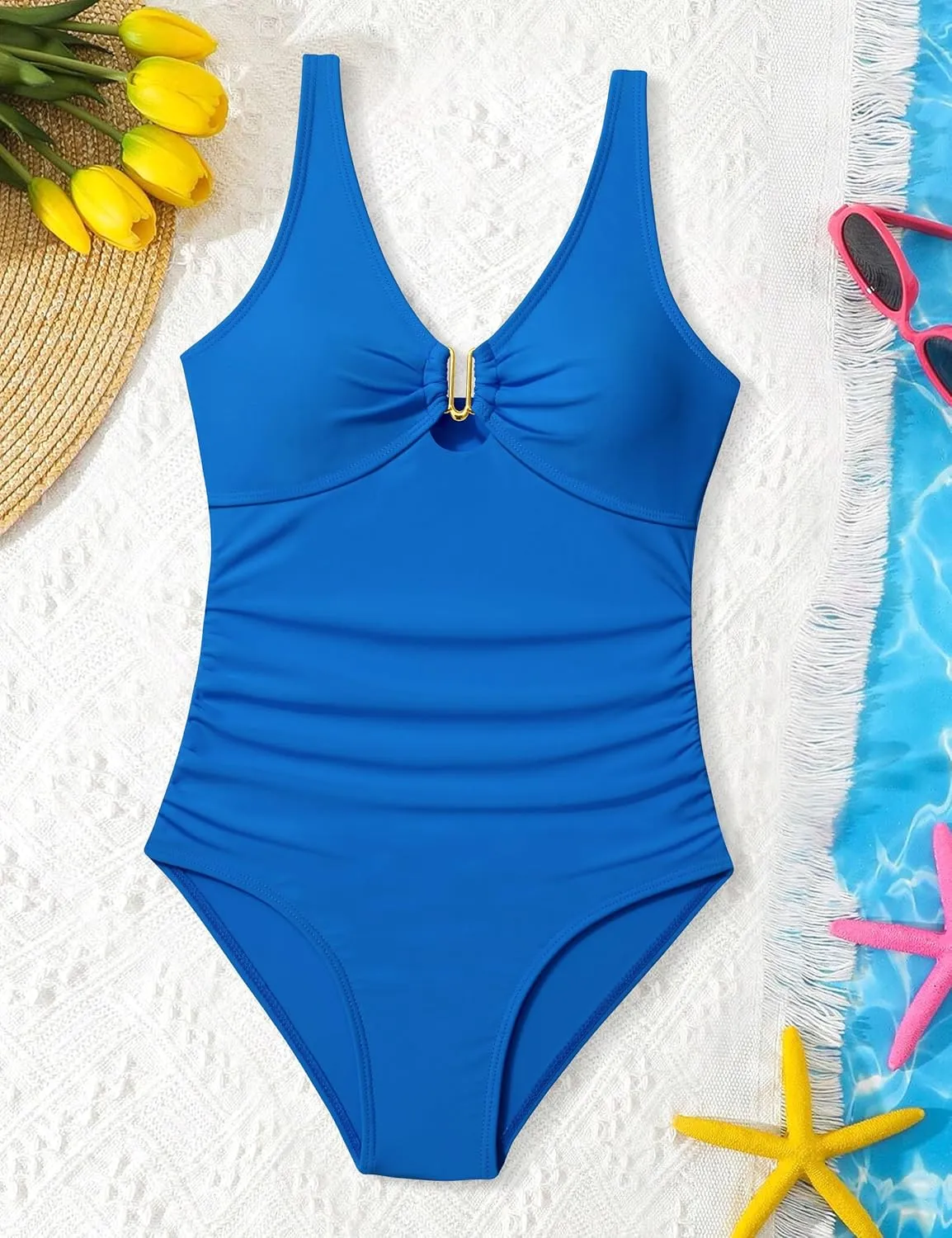 Girls Swimsuit Ruched V Neck One Piece Bathing Suit with Adjustable Straps Solid Color Girls' Swimwear 9-16T