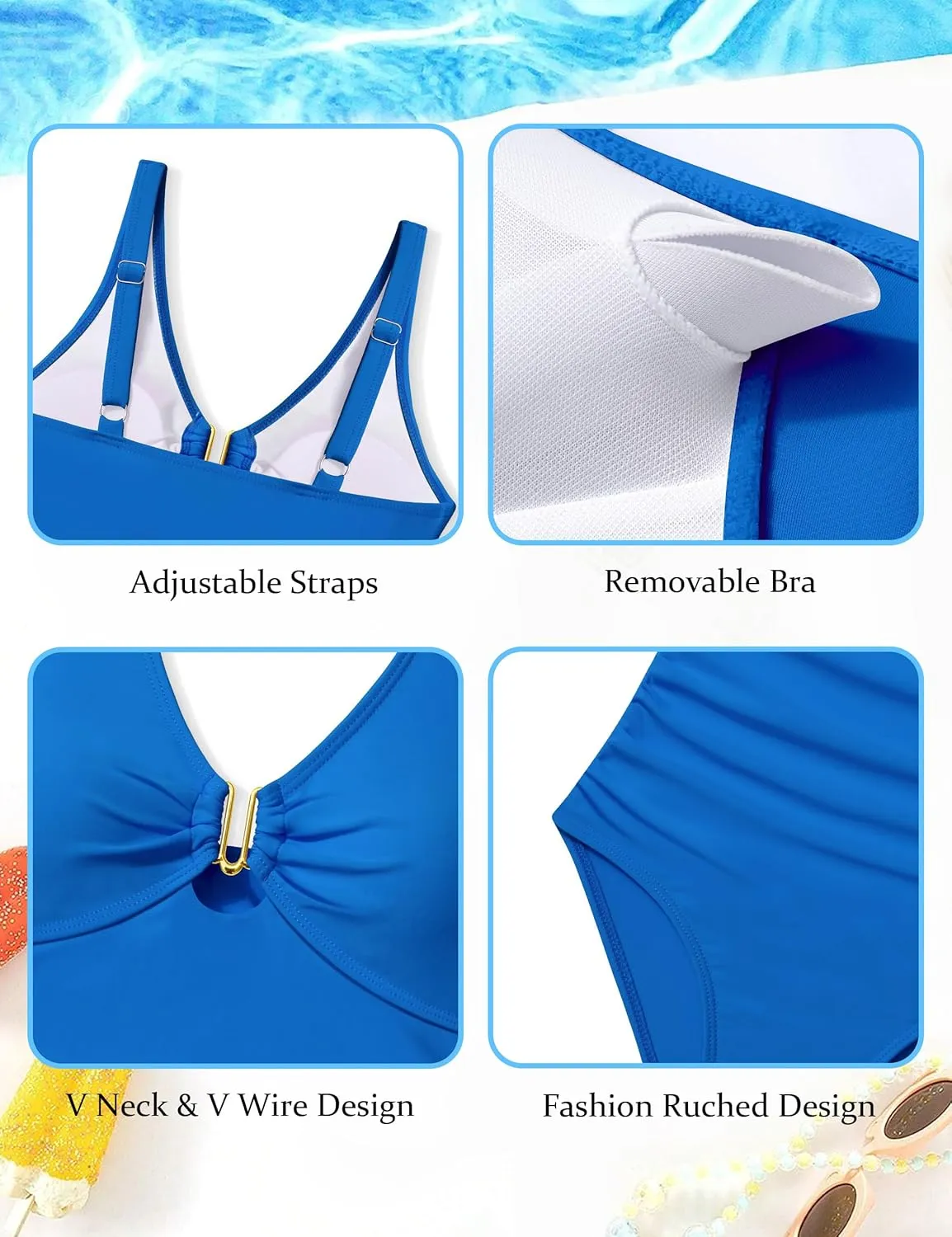 Girls Swimsuit Ruched V Neck One Piece Bathing Suit with Adjustable Straps Solid Color Girls' Swimwear 9-16T
