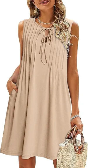 Glamaker Womens Summer Dresses - 2025 Sleeveless Cute Bow Tie Mini Dress Front Pleated Beach Casual Sundresses with Pockets