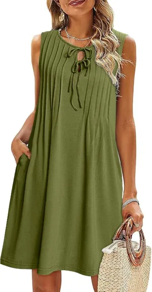 Glamaker Womens Summer Dresses - 2025 Sleeveless Cute Bow Tie Mini Dress Front Pleated Beach Casual Sundresses with Pockets