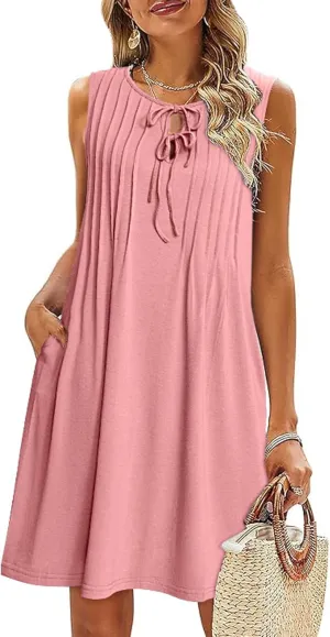 Glamaker Womens Summer Dresses - 2025 Sleeveless Cute Bow Tie Mini Dress Front Pleated Beach Casual Sundresses with Pockets