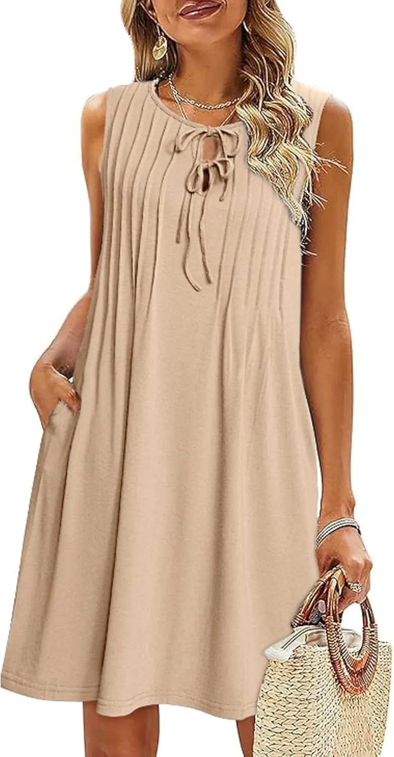 Glamaker Womens Summer Dresses - 2025 Sleeveless Cute Bow Tie Mini Dress Front Pleated Beach Casual Sundresses with Pockets