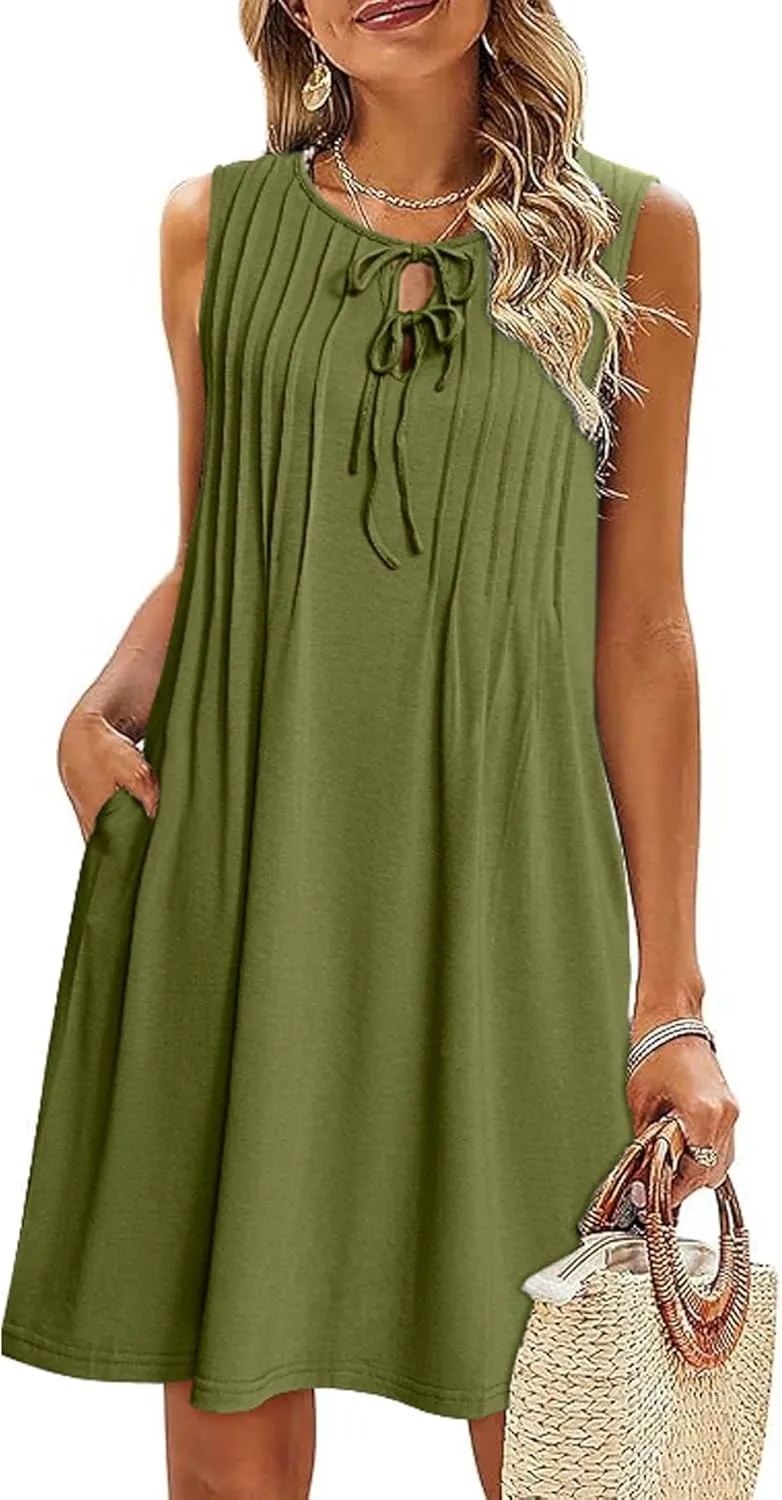 Glamaker Womens Summer Dresses - 2025 Sleeveless Cute Bow Tie Mini Dress Front Pleated Beach Casual Sundresses with Pockets