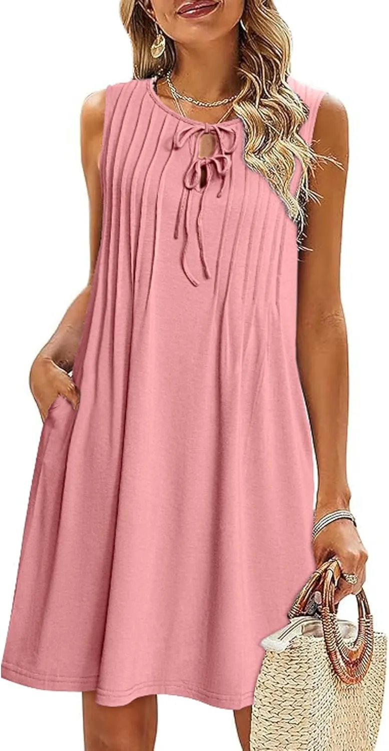 Glamaker Womens Summer Dresses - 2025 Sleeveless Cute Bow Tie Mini Dress Front Pleated Beach Casual Sundresses with Pockets