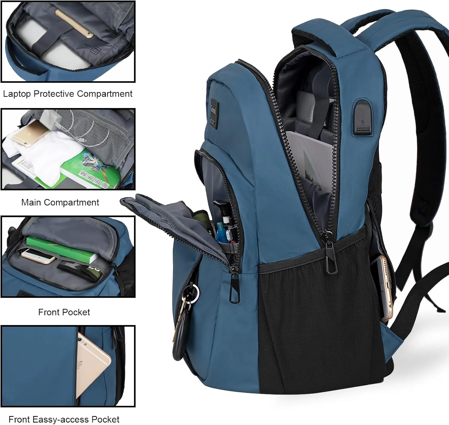 Goloni 15.6 Travel Laptop Backpack with USB Charging Port, Men Man Women Back Pack,Work,Casual College,High Schol Book Bag for Teens Lightweight Waterproof Casual Notebook Bag,Blue
