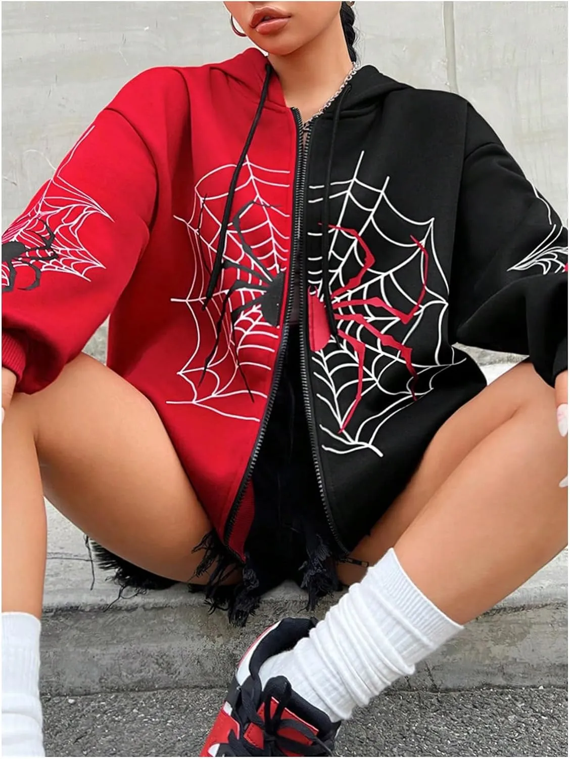 GORGLITTER Women's Zip Up Spider Hoodie Graphic Long Sleeve Colorblock Oversized Y2k Hoodies Sweatshirt