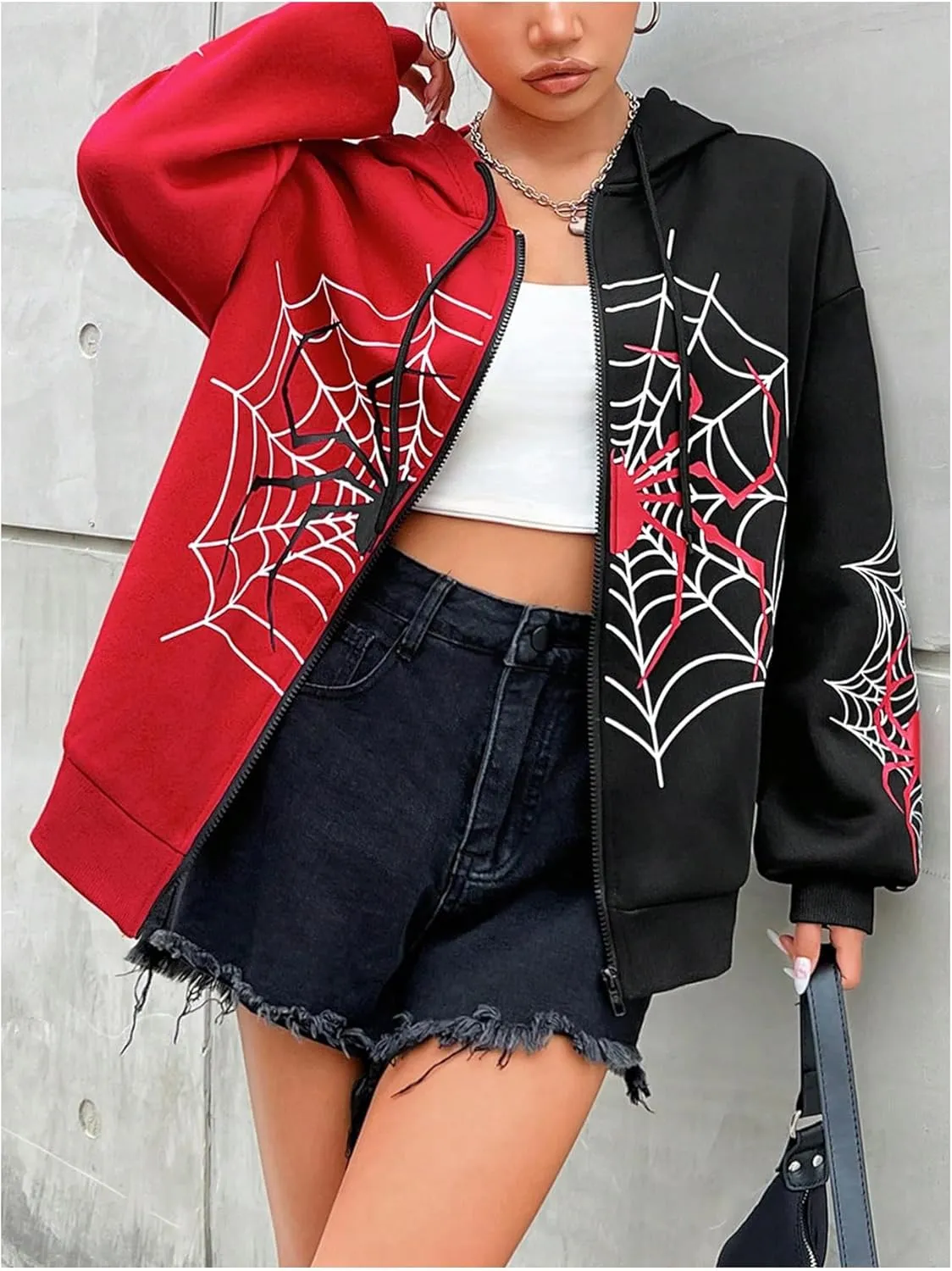 GORGLITTER Women's Zip Up Spider Hoodie Graphic Long Sleeve Colorblock Oversized Y2k Hoodies Sweatshirt