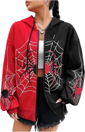 GORGLITTER Women's Zip Up Spider Hoodie Graphic Long Sleeve Colorblock Oversized Y2k Hoodies Sweatshirt