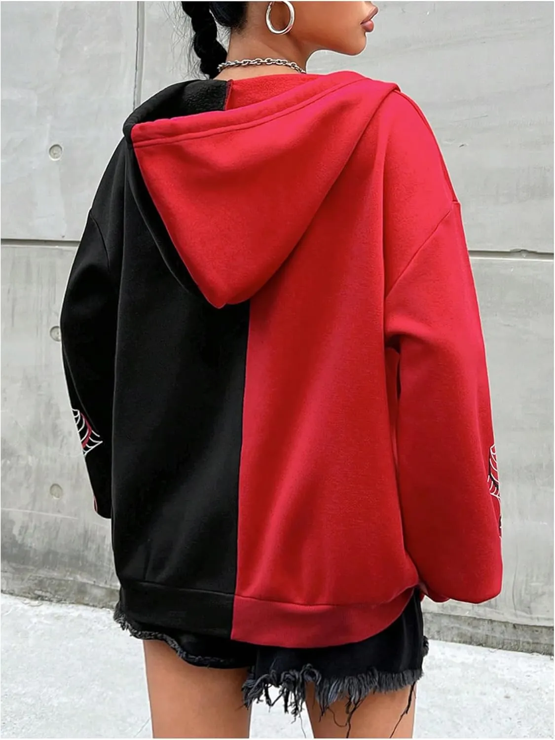 GORGLITTER Women's Zip Up Spider Hoodie Graphic Long Sleeve Colorblock Oversized Y2k Hoodies Sweatshirt