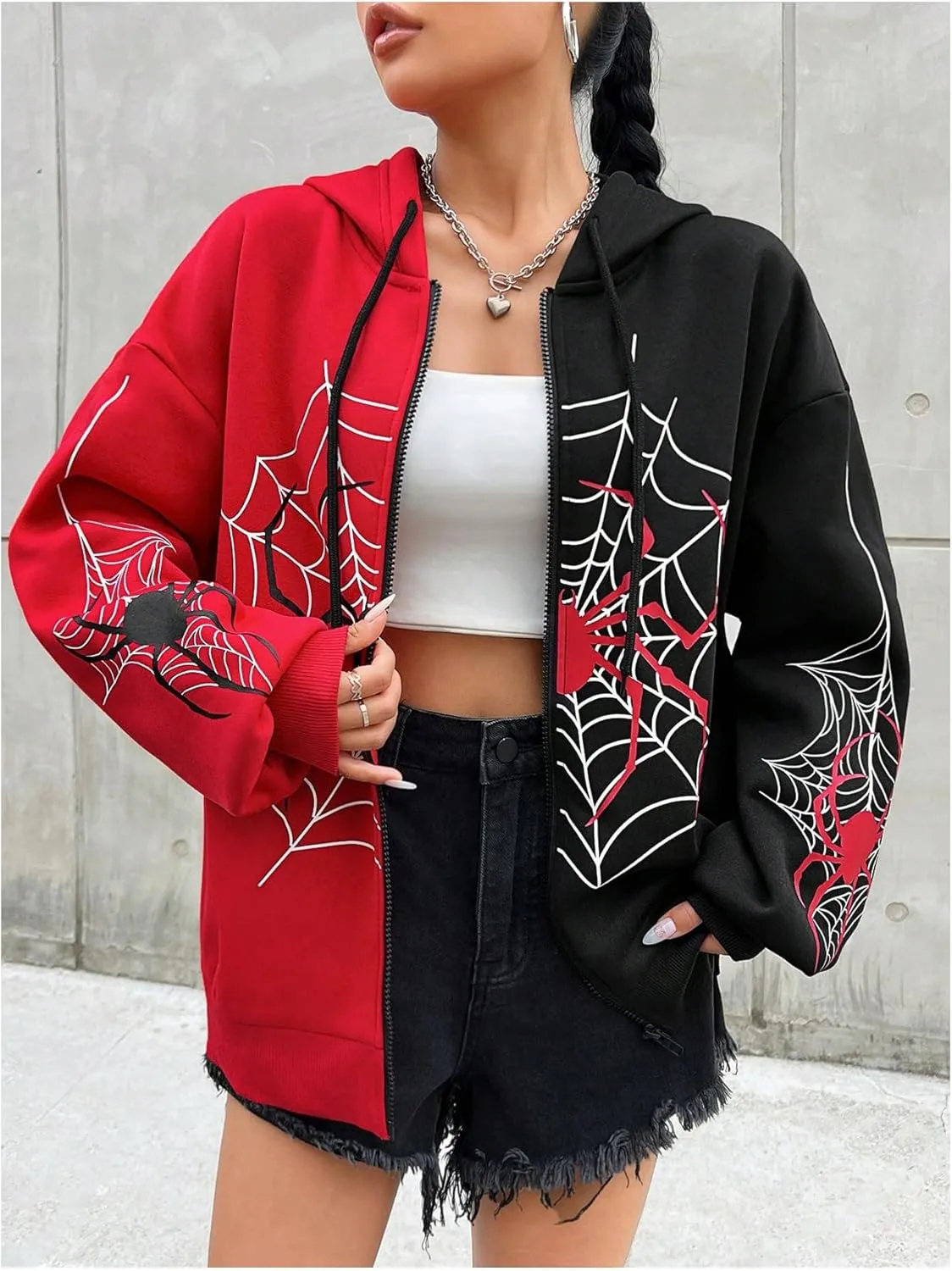 GORGLITTER Women's Zip Up Spider Hoodie Graphic Long Sleeve Colorblock Oversized Y2k Hoodies Sweatshirt