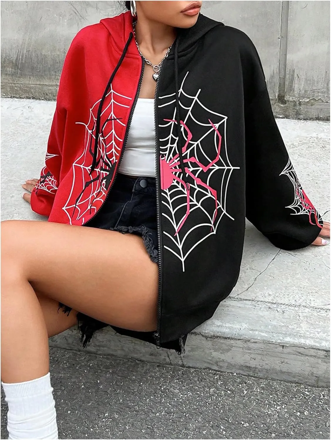 GORGLITTER Women's Zip Up Spider Hoodie Graphic Long Sleeve Colorblock Oversized Y2k Hoodies Sweatshirt