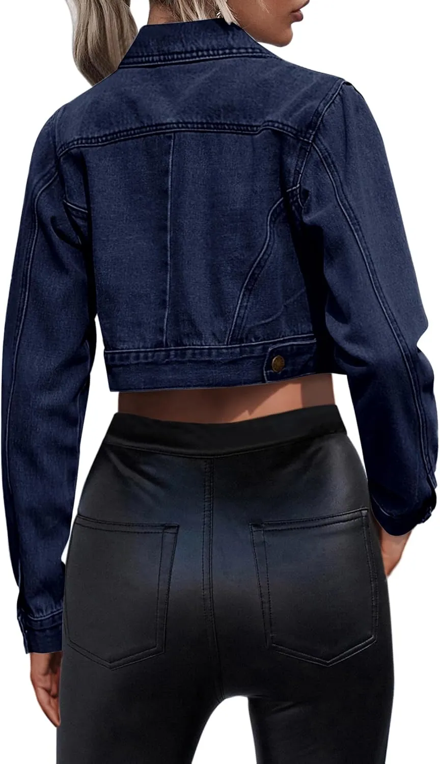 Grabsa Women's Button Down Long Sleeve Cropped Denim Jean Jacket with Pockets