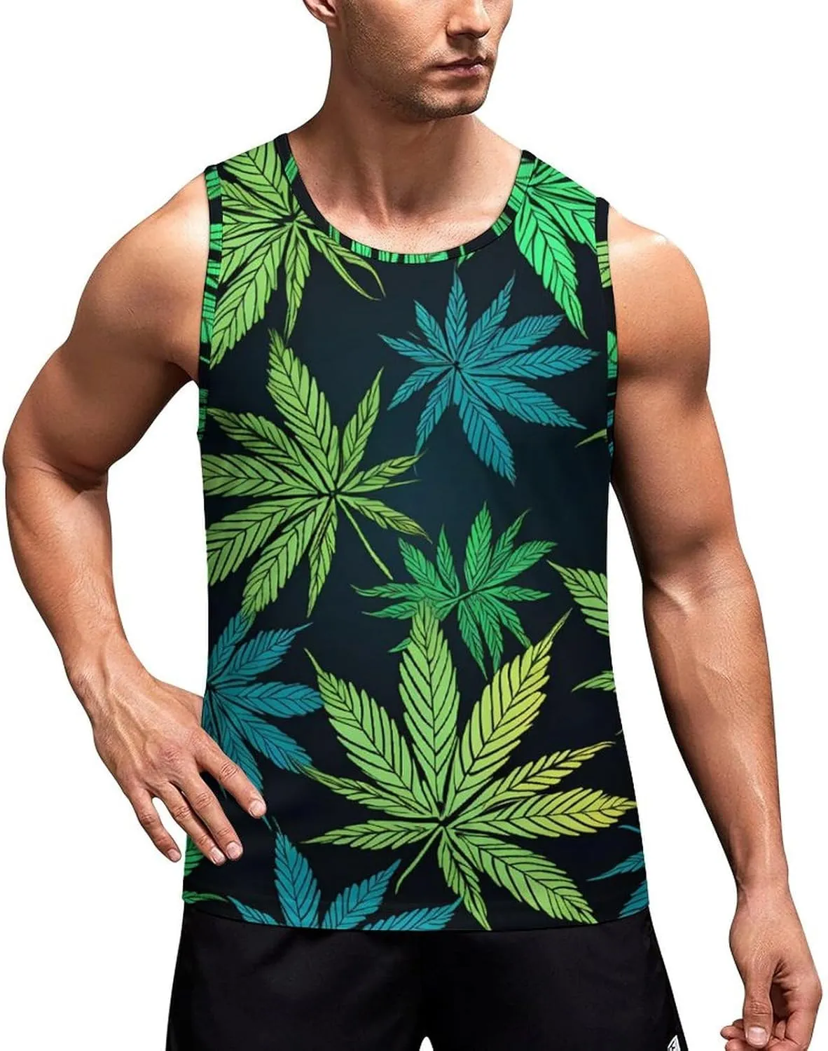 Green Weed Leaf Mens Tank Top Undershirt Sleeveless Gym Vest Workout T-Shirts