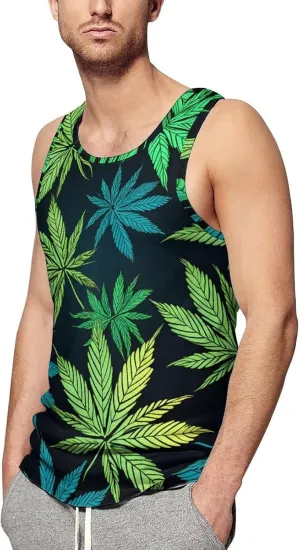 Green Weed Leaf Mens Tank Top Undershirt Sleeveless Gym Vest Workout T-Shirts