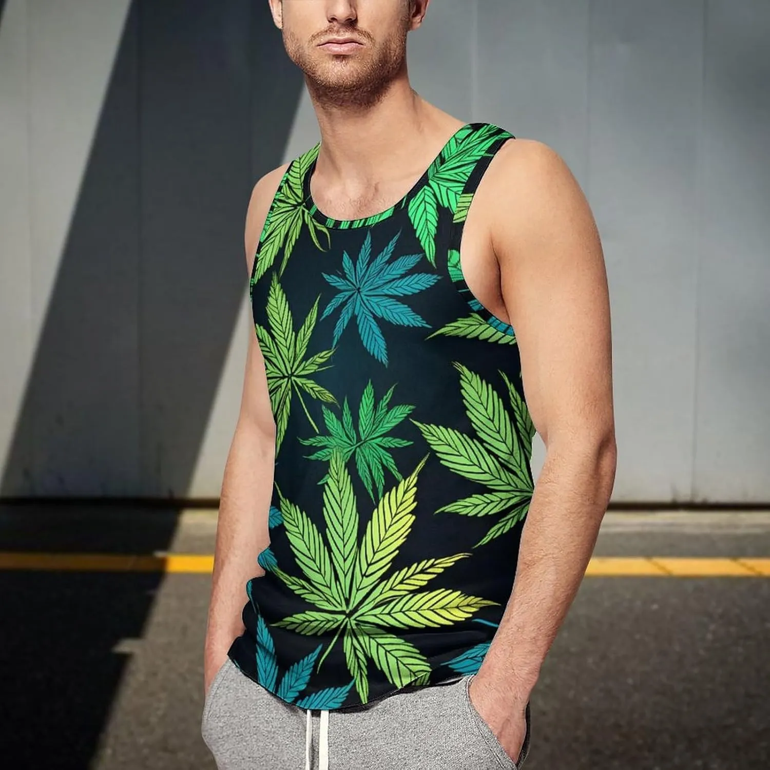 Green Weed Leaf Mens Tank Top Undershirt Sleeveless Gym Vest Workout T-Shirts
