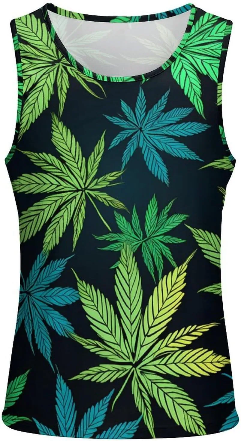 Green Weed Leaf Mens Tank Top Undershirt Sleeveless Gym Vest Workout T-Shirts