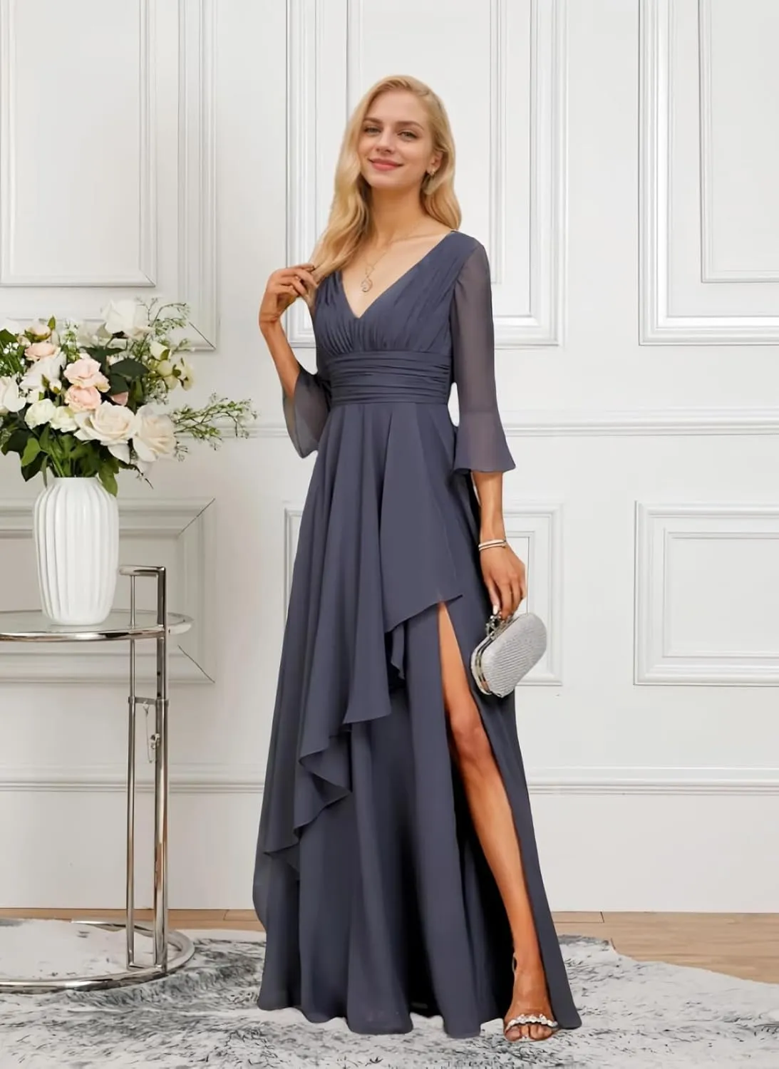 Half Sleeve Mother of The Bride Dresses V-Neck Formal Dress for Women Chiffon Ruffles Bridesmaid Dresses Long