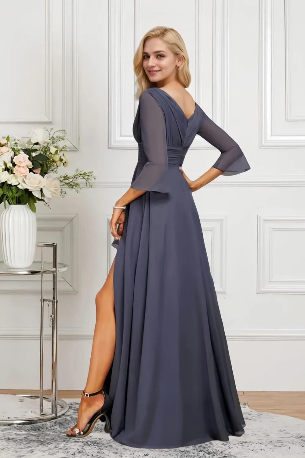 Half Sleeve Mother of The Bride Dresses V-Neck Formal Dress for Women Chiffon Ruffles Bridesmaid Dresses Long