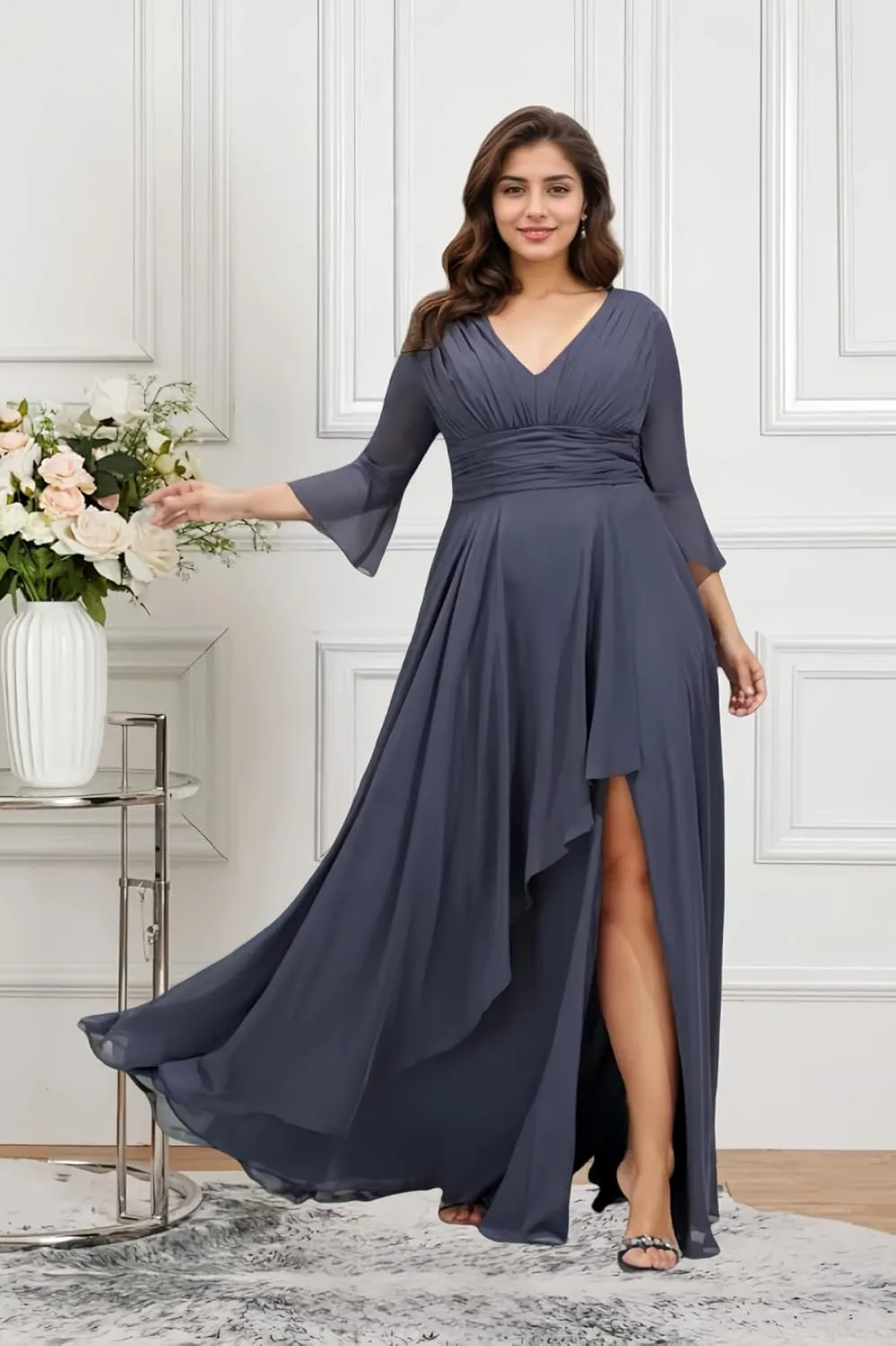 Half Sleeve Mother of The Bride Dresses V-Neck Formal Dress for Women Chiffon Ruffles Bridesmaid Dresses Long