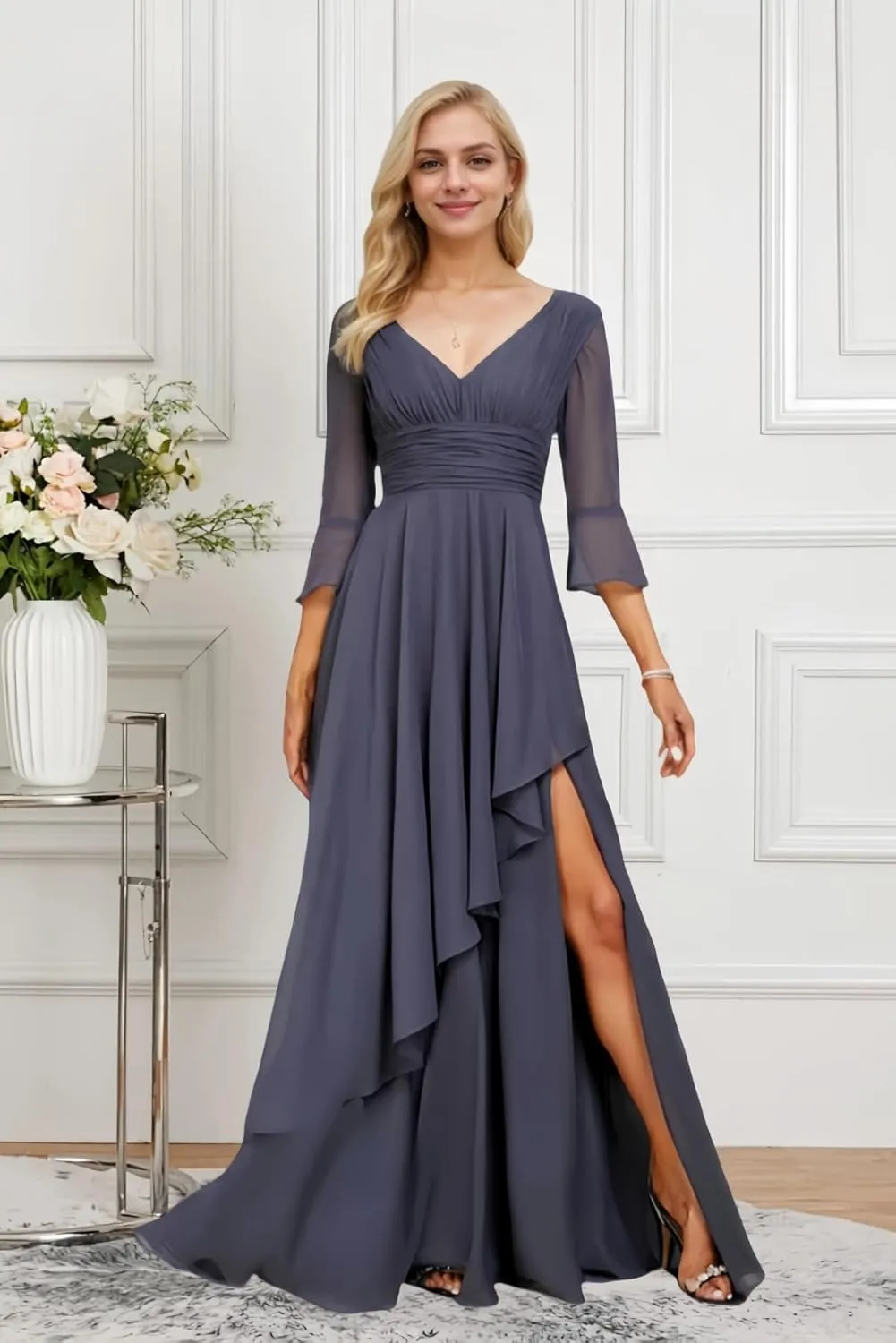 Half Sleeve Mother of The Bride Dresses V-Neck Formal Dress for Women Chiffon Ruffles Bridesmaid Dresses Long