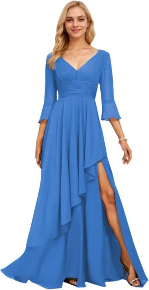 Half Sleeve Mother of The Bride Dresses V-Neck Formal Dress for Women Chiffon Ruffles Bridesmaid Dresses Long