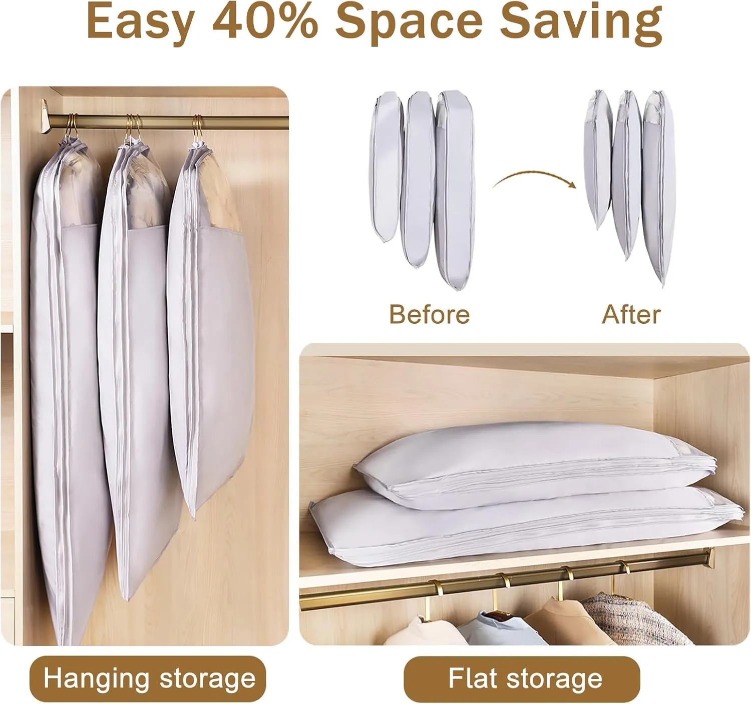Hanging Garment Bags, Wardrobe Garment Covers with Zipper Dustproof Suit Bag, 40% Space Saving Self Compression Clothes Storage Bags for Down Jacket(Size:1305815cm)