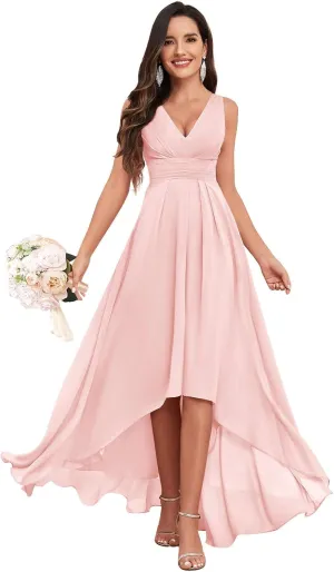 High Low Bridesmaid Dress V Neck Chiffon A Line Long Formal Dresses Evening Gowns with Pockets